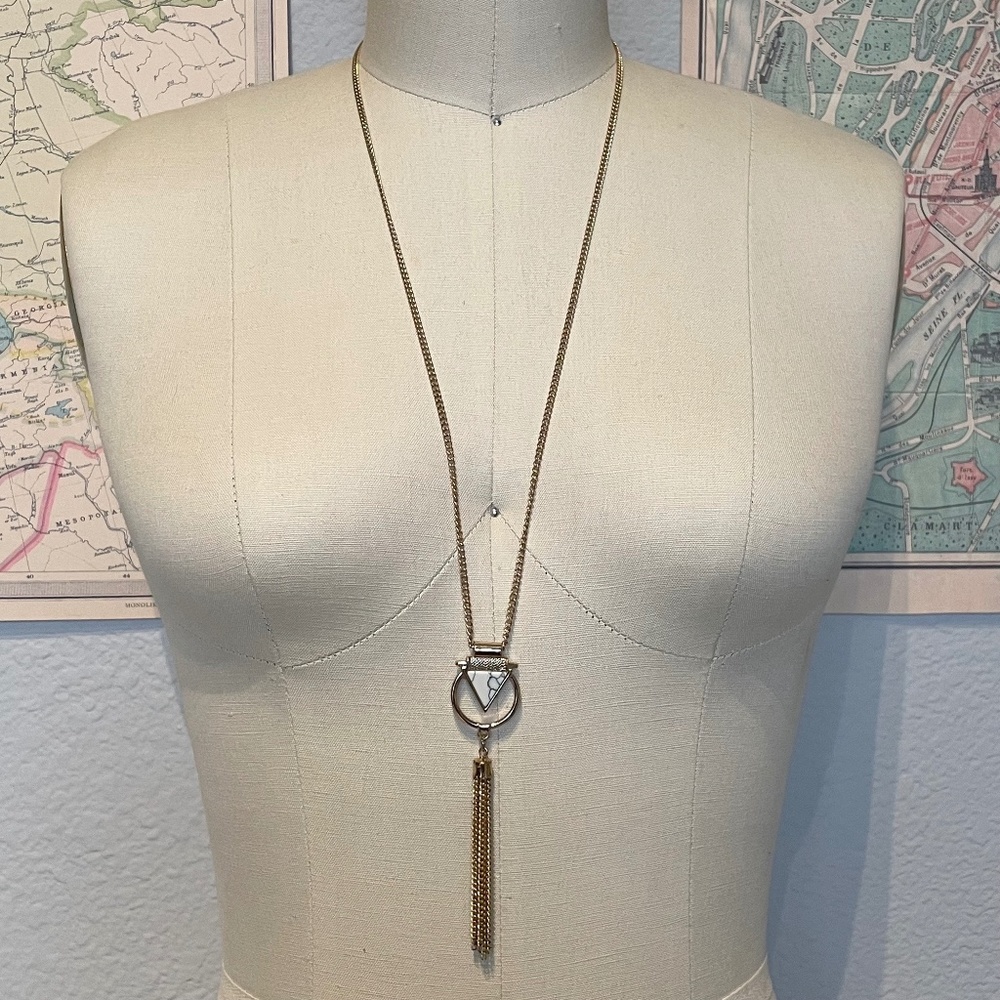 Long Layering Gold Chain With Geometric Triangle White Marble Tassel Pendant